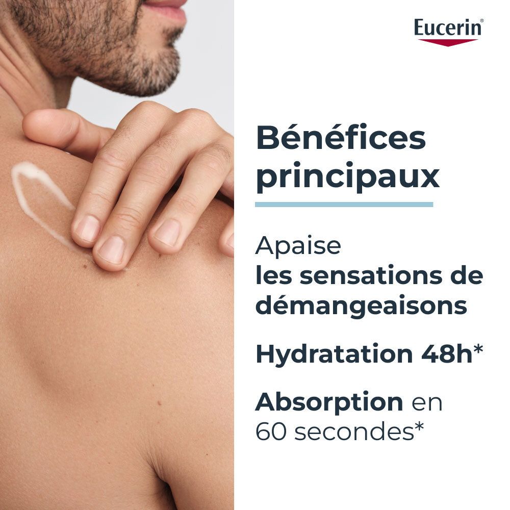 Tube de Eucerin AtopiControl Hydro Gel-Crème. Blanc, texte bleu. Contient de l'acide hyaluronique et du Licochalcone A.