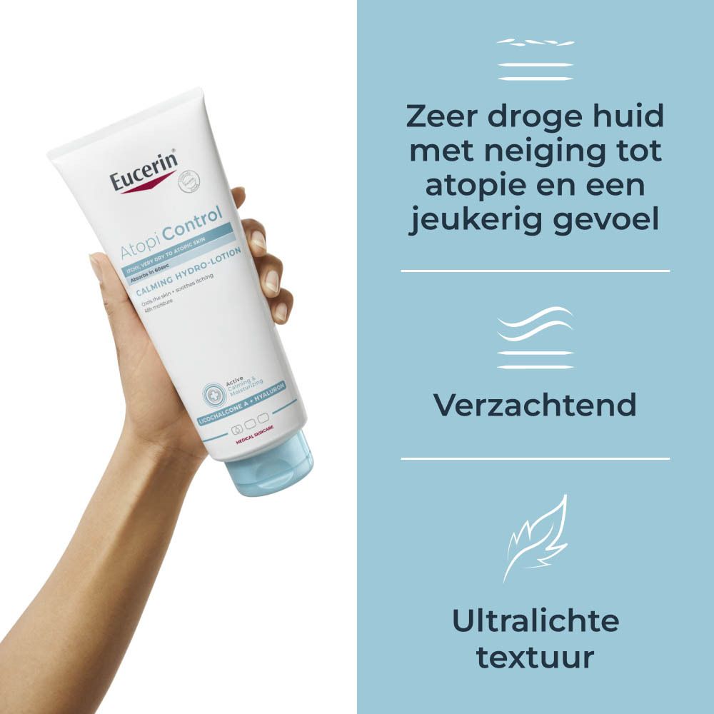 Eucerin AtopiControl Hydro Gel-Crème tube. Wit, blauwe tekst. Bevat hyaluronzuur en Licochalcone A.