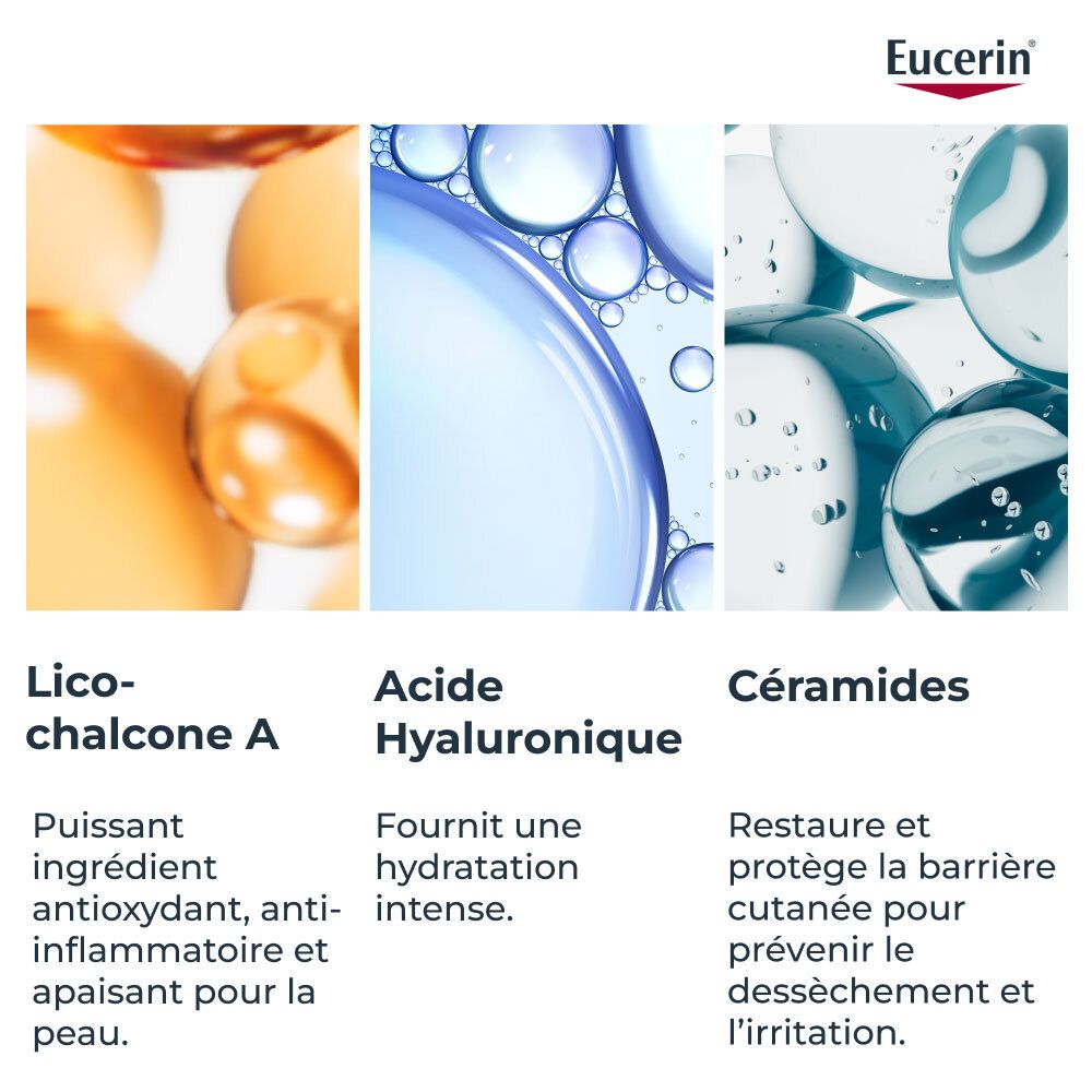 Main tenant un tube Eucerin AtopiControl Hydro Gel-Crème. Texte: Pour peau très sèche, à tendance atopique, qui démange.