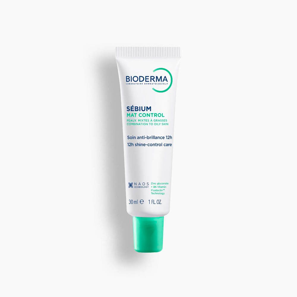 Witte tube met groene dop. Opschrift: Bioderma Sébium Mat Control. 30ml, 1 FL.OZ.