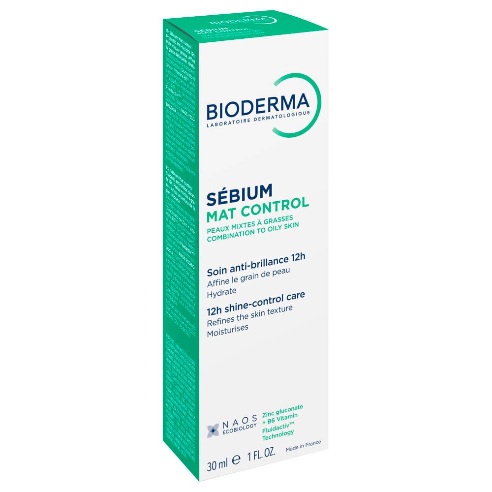 Verpakking en tube. Verpakking: wit/groen. Opschrift: Bioderma Sébium Mat Control. 30ml, 1 FL.OZ.