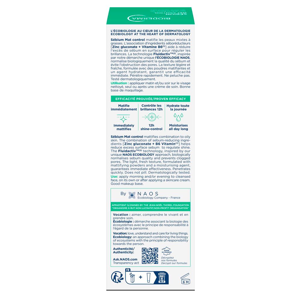 Productverpakking. Wit/groen. Opschrift: Bioderma Sébium Mat Control. 30ml, 1 FL.OZ.