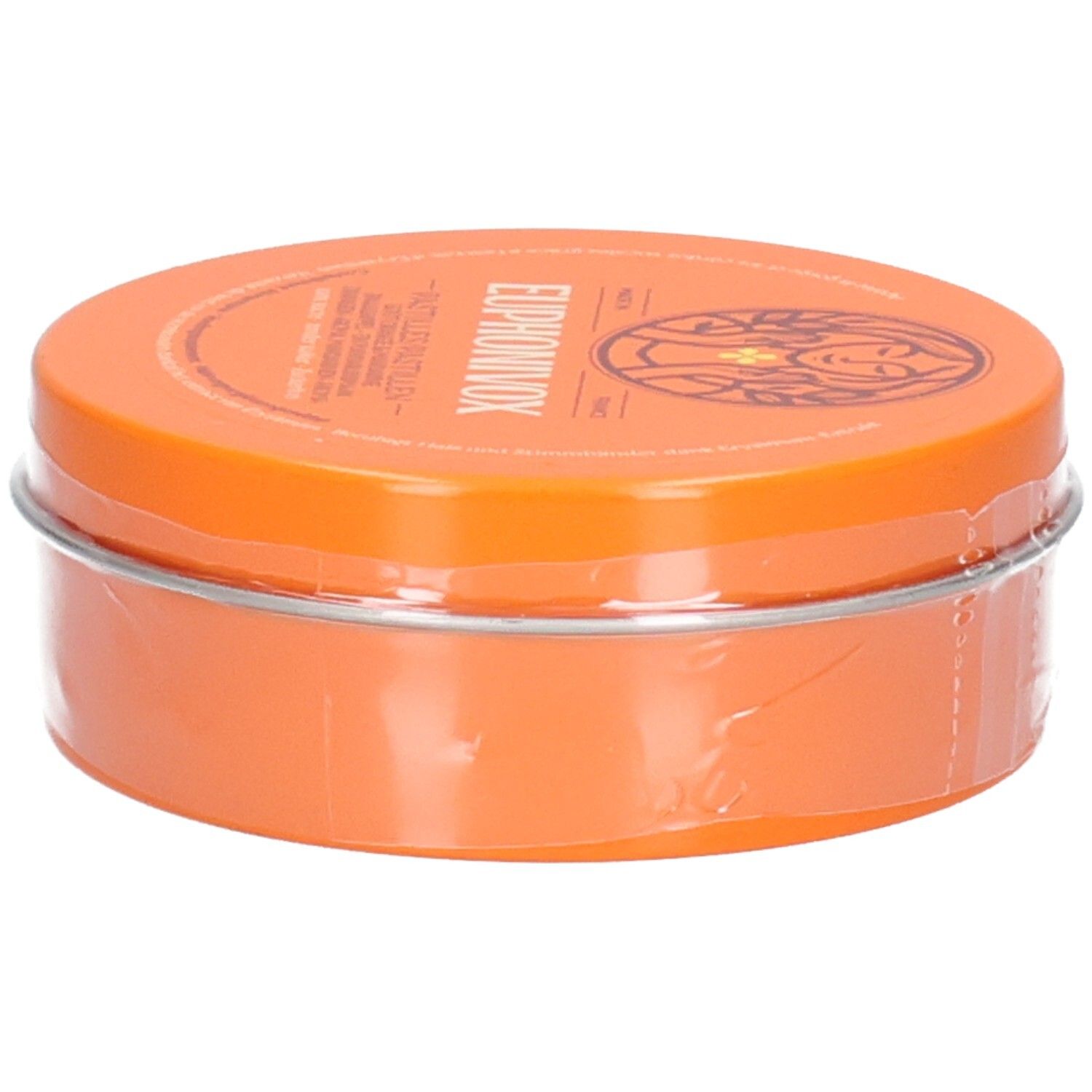 Boîte orange de pastilles Euphonivox, couvercle avec logo et nom du produit.