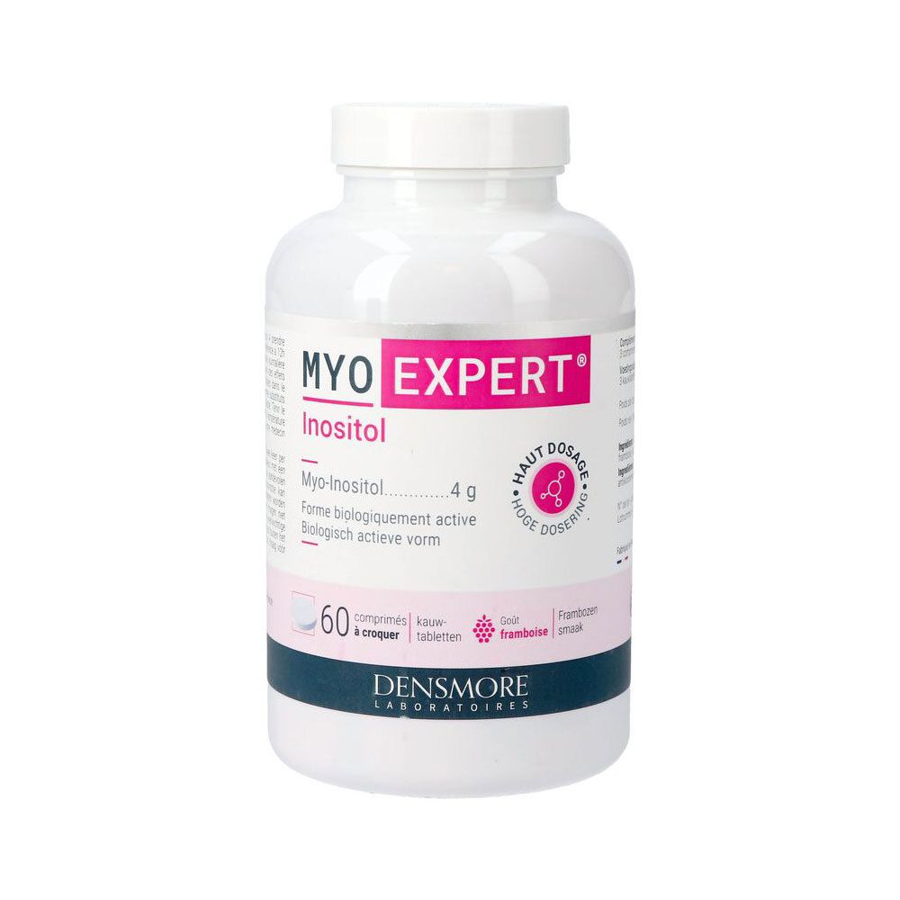 Witte fles met roze etiket. Opschrift: MYO EXPERT, Inositol. 60 tabletten. Merk: Densmore Laboratoires.