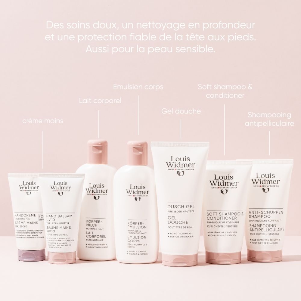 Six produits de soin Louis Widmer: Crème mains, Baume mains, Lait corporel, Émulsion corps, Gel douche, Shampooing & après-shampooing doux, Shampooing antipelliculaire.