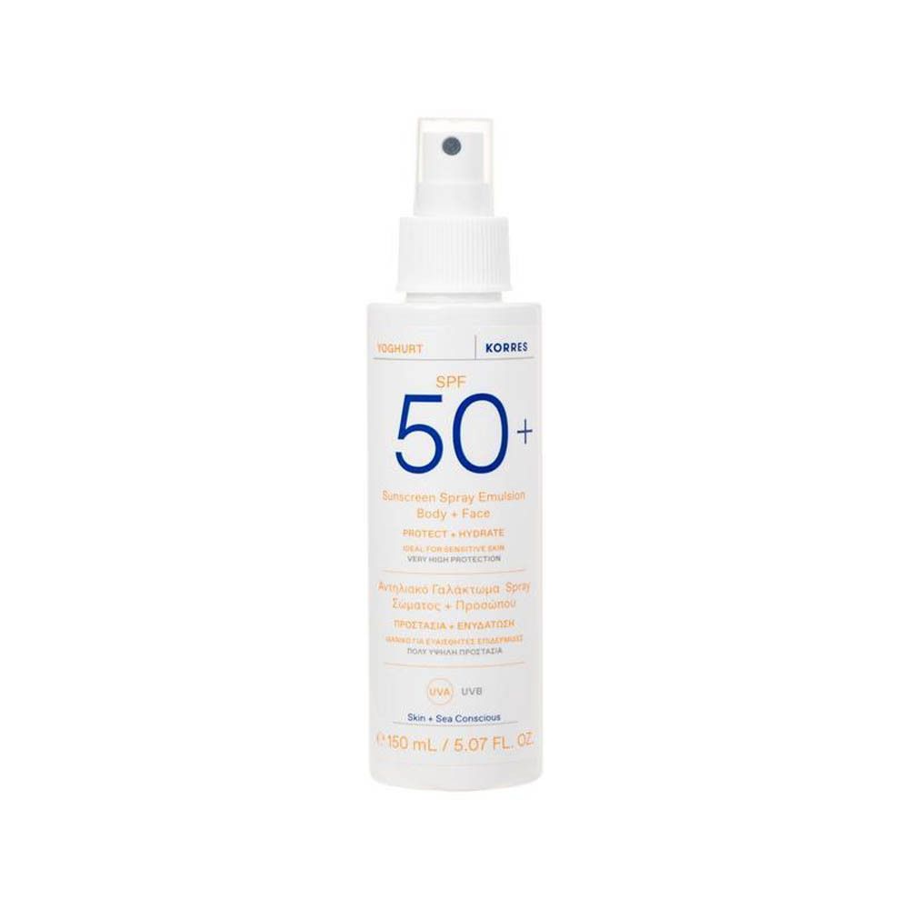 KORRES Lait-crème solaire spray SPF50+ pour visage et corps, 150ml.