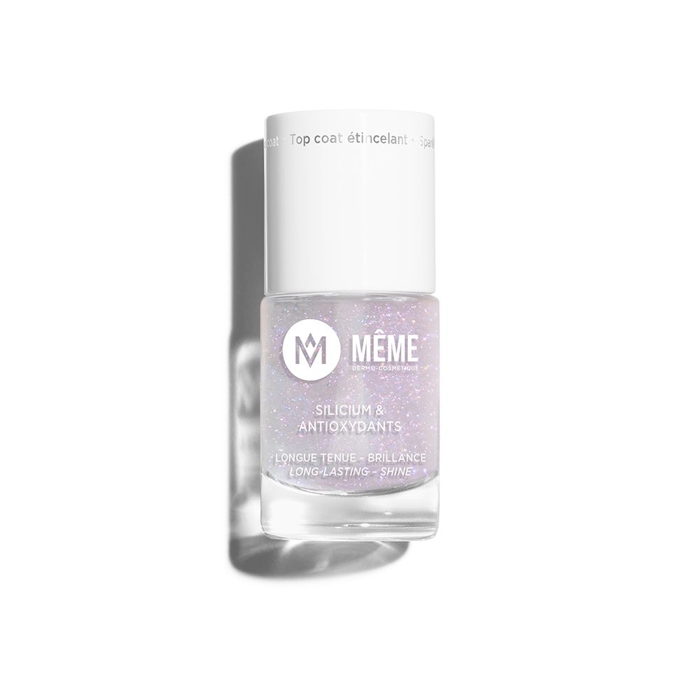 Nagellakfles met witte dop. Opschrift: MEME, Silicium & Antioxidanten. Glitterende, transparante vloeistof.