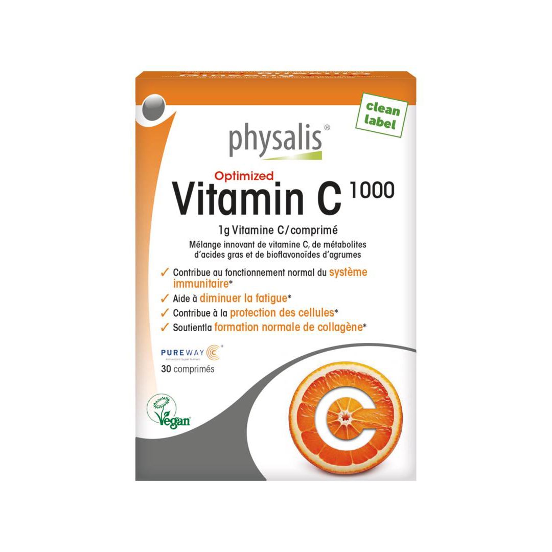 Boîte de Physalis Vitamine C 1000. Emballage orange avec nom du produit et informations. 30 comprimés.