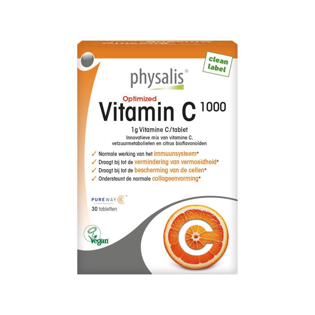 Verpakking van Physalis Vitamine C 1000. Oranje doos met productnaam en informatie. 30 tabletten.