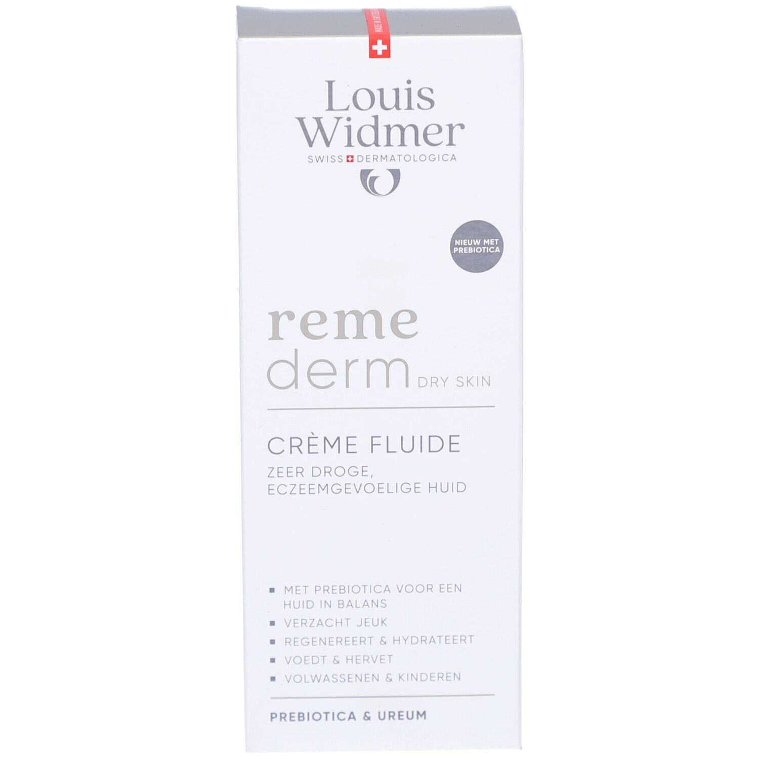 Emballage Louis Widmer Remederm Crème Fluide. Blanc, logo et nom du produit. Pour peaux sèches.