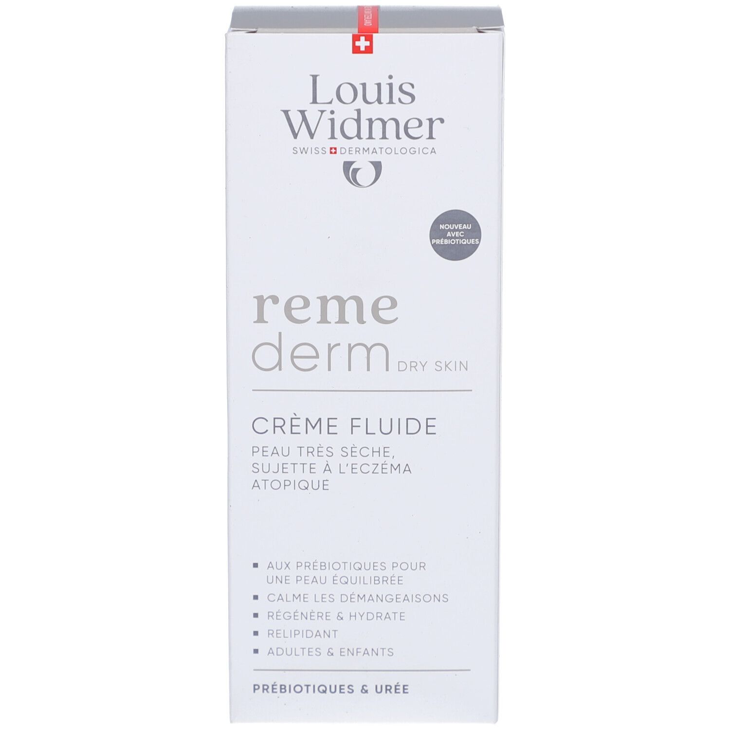 Emballage Louis Widmer Remederm Crème Fluide. Blanc, logo et nom du produit. Pour peaux sèches.