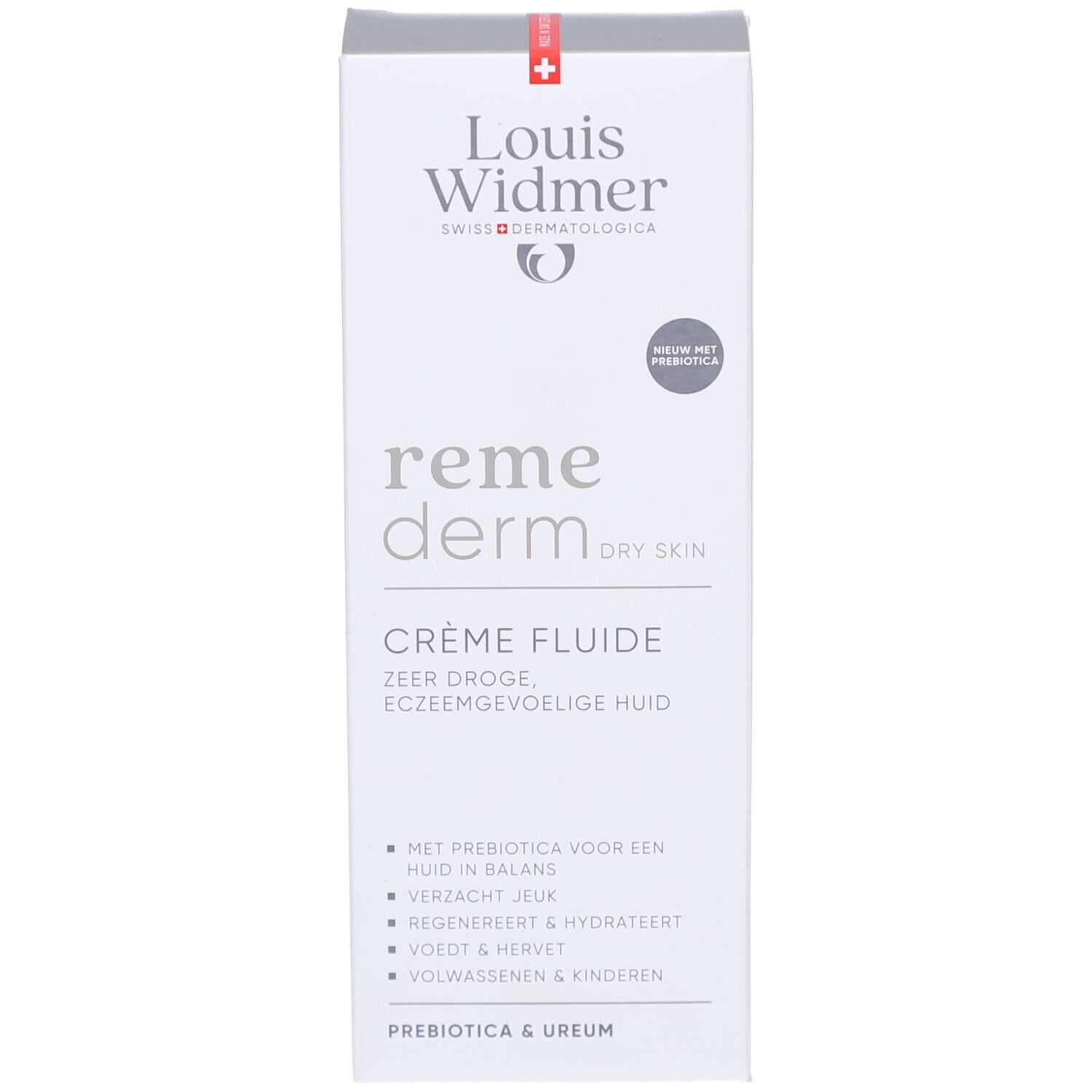Emballage Louis Widmer Remederm Crème Fluide. Blanc, logo et nom du produit. Pour peaux sèches.
