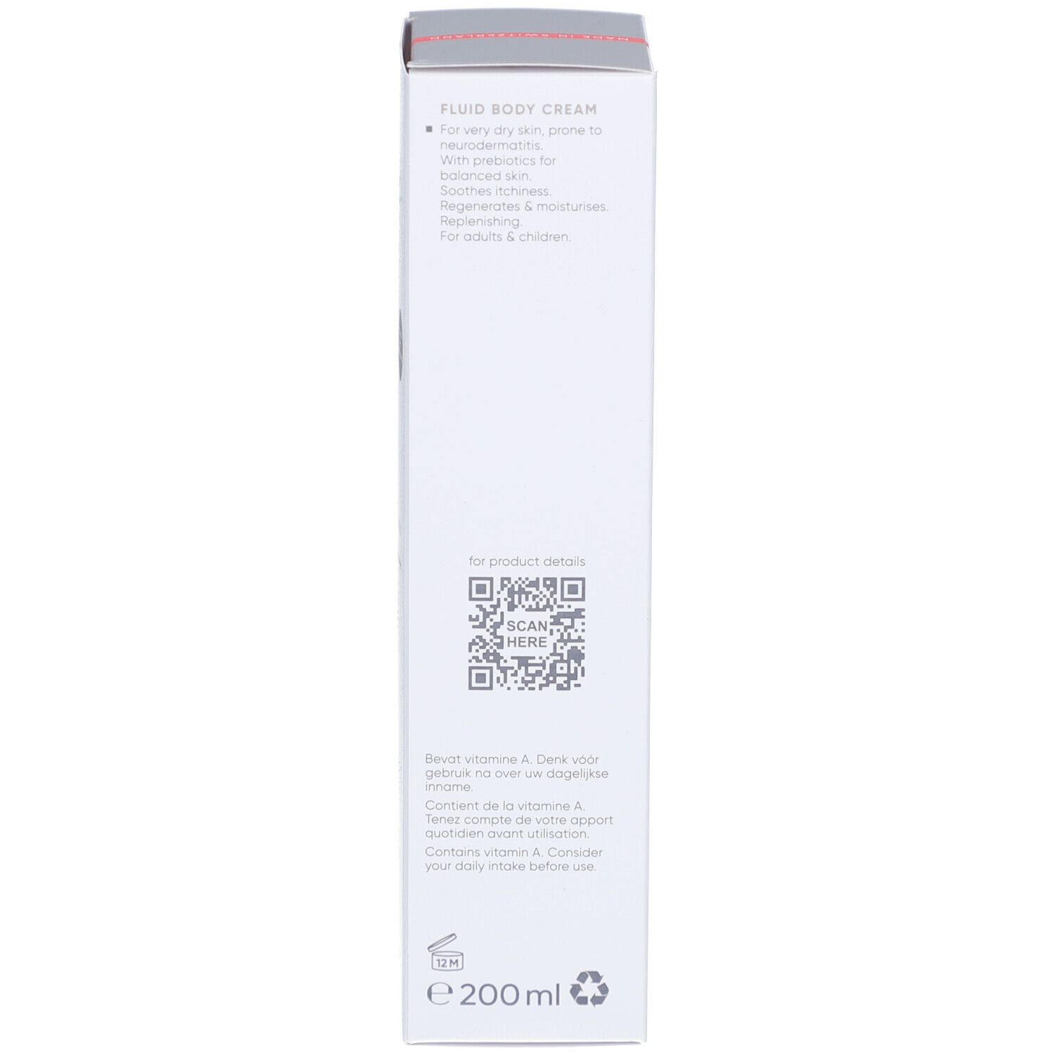 Dos de l'emballage Louis Widmer Remederm Crème Fluide. Informations et code QR.