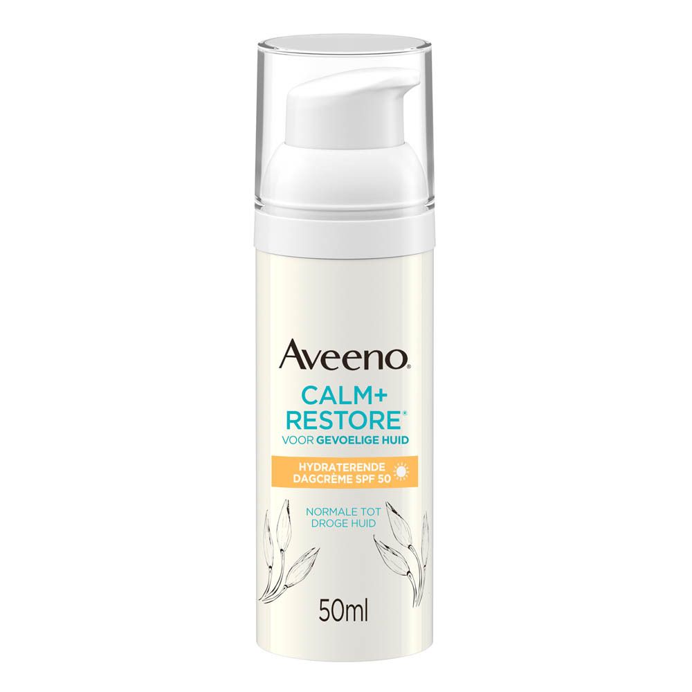 Aveeno Calm+Restore. Witte fles met pomp. Productnaam en details op het etiket.