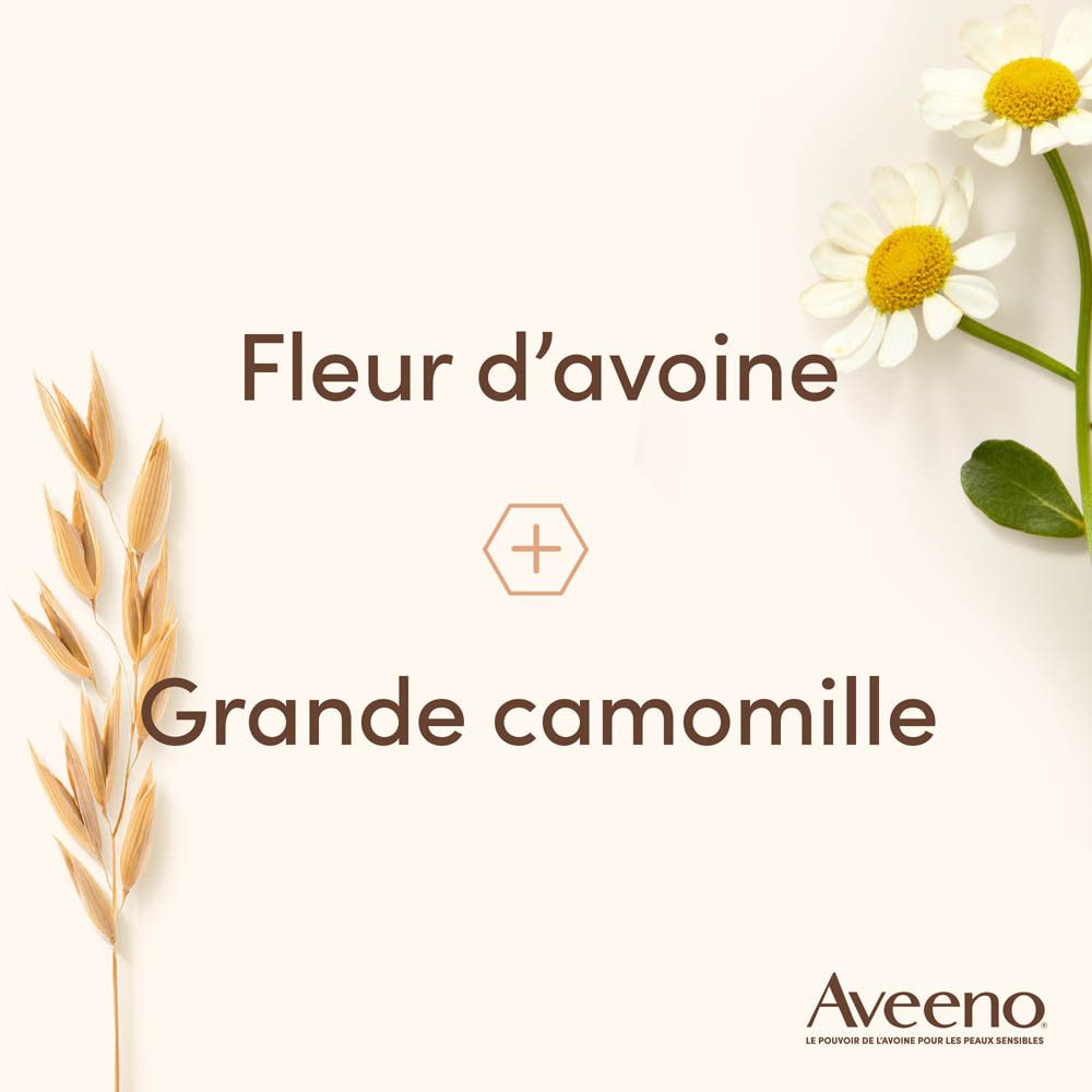 Produit Aveeno. Image de fleur d'avoine et camomille. Texte: Fleur d'avoine + Grande camomille.