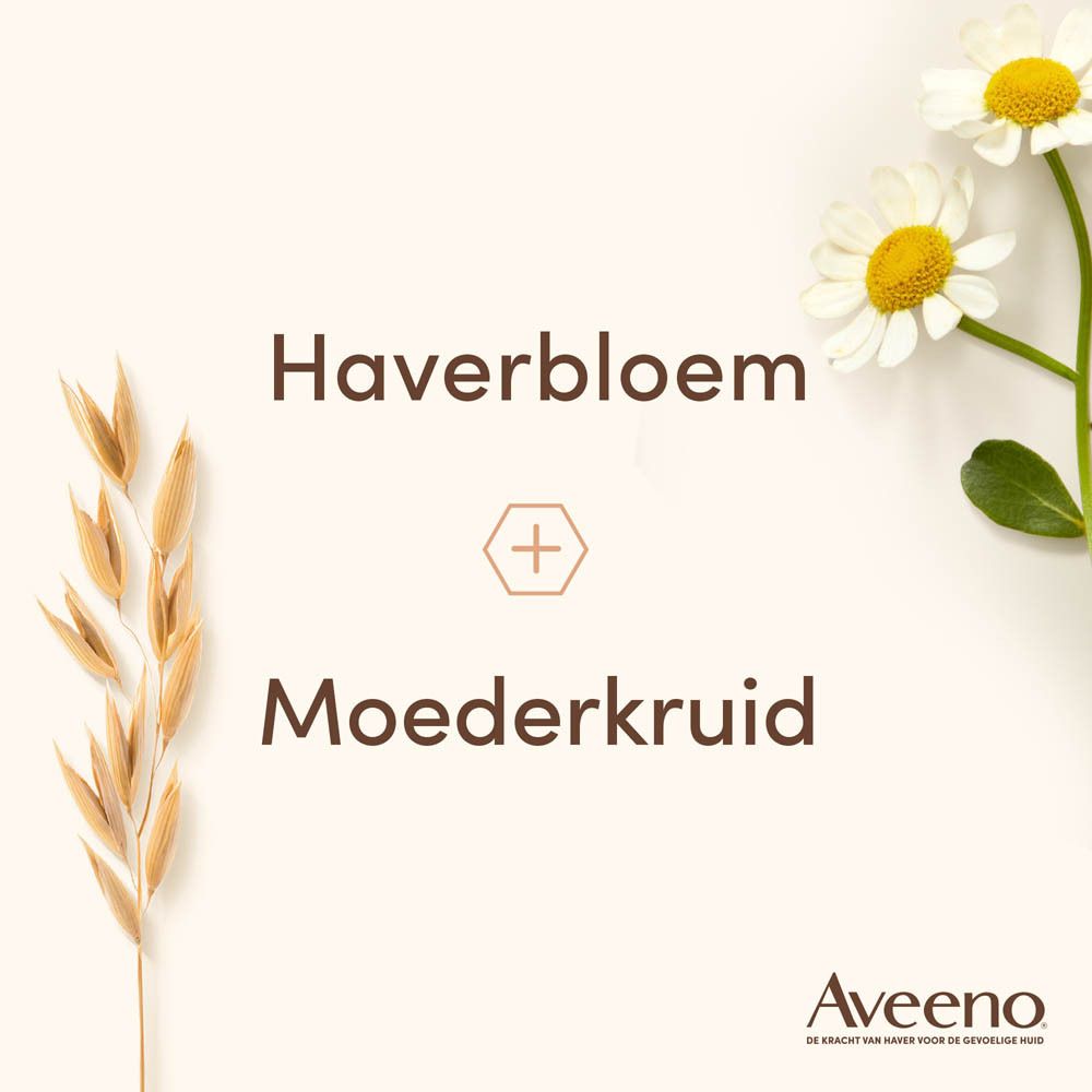 Aveeno-product. Afbeelding van haverbloem en kamille. Tekst: Haverbloem + Moederkruid.