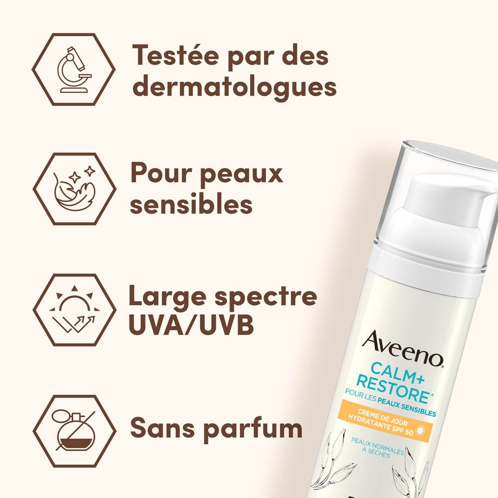 Aveeno Calm+Restore. Texte et symboles: Testé par des dermatologues, peaux sensibles, UVA/UVB, sans parfum.