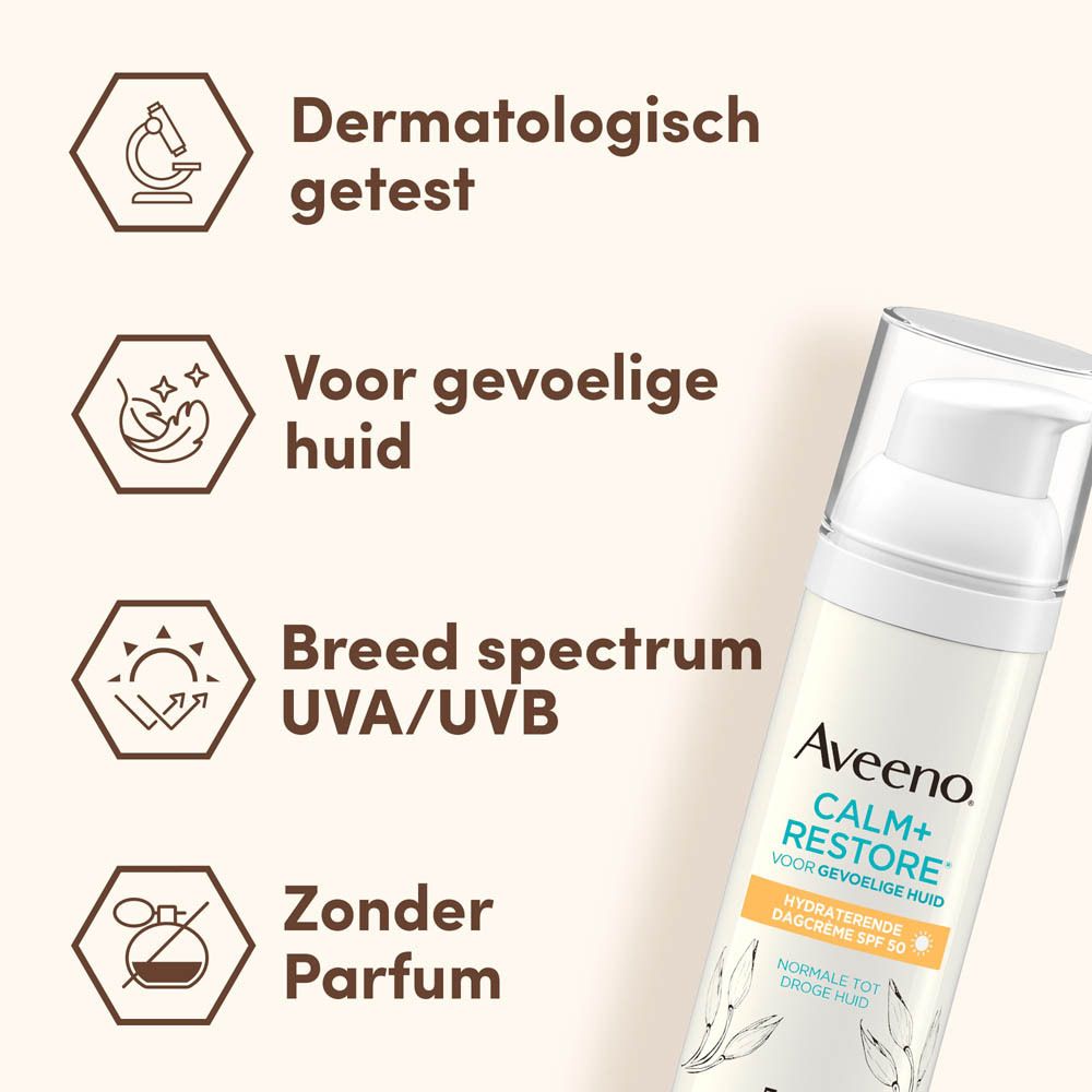 Aveeno Calm+Restore. Tekst en symbolen: Dermatologisch getest, gevoelige huid, UVA/UVB, zonder parfum.