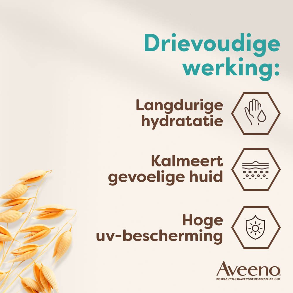 Aveeno Calm+Restore. Tekst en symbolen: Langdurige hydratatie, kalmeert gevoelige huid, hoge uv-bescherming.