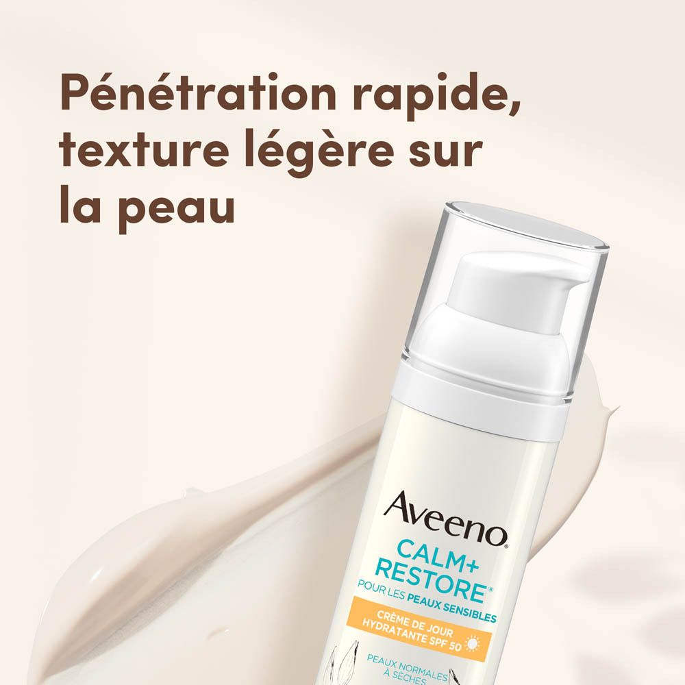 Aveeno Calm+Restore. Texte: Pénétration rapide, texture légère sur la peau. Flacon.