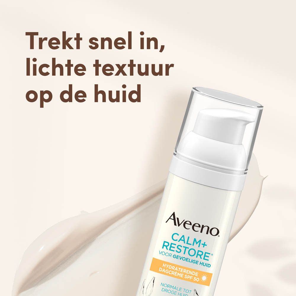 Aveeno Calm+Restore. Tekst: Trekt snel in, lichte textuur op de huid. Fles.