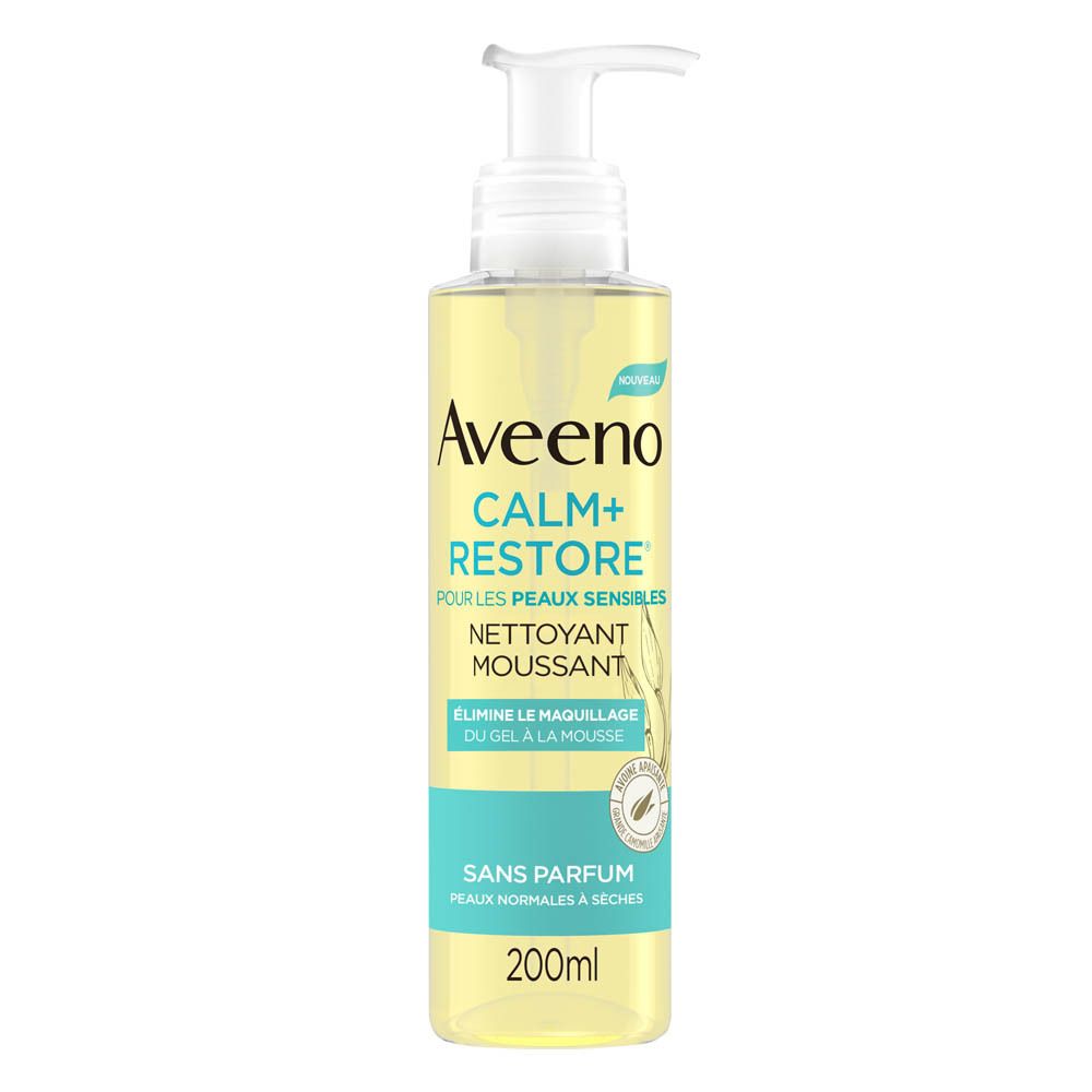 Aveeno Calm+Restore Nettoyant Moussant. Flacon pompe. Liquide jaune clair. Inscriptions et logo.