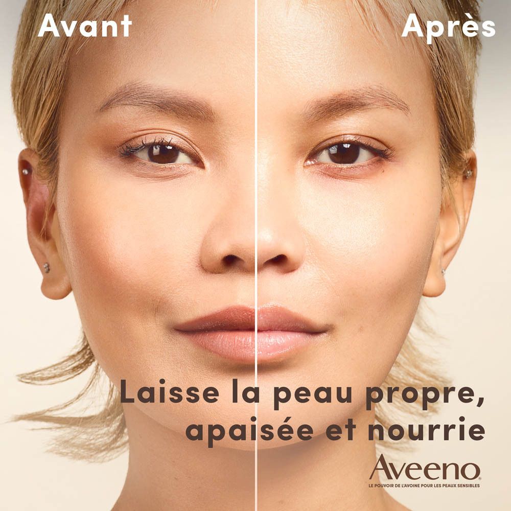 Image avant-après. Visage avec et sans maquillage. Logo Aveeno Calm+Restore.