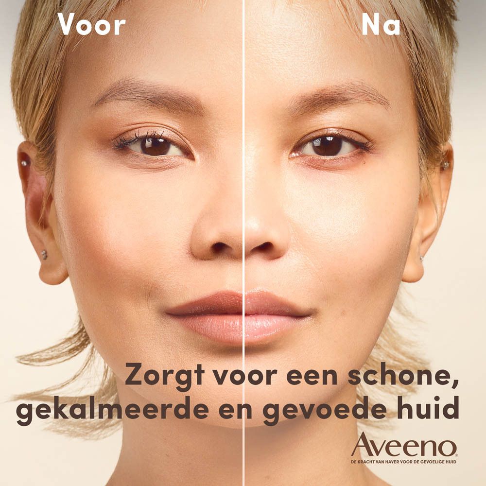 Voor- en na-afbeelding. Gezicht met en zonder make-up. Aveeno Calm+Restore logo.