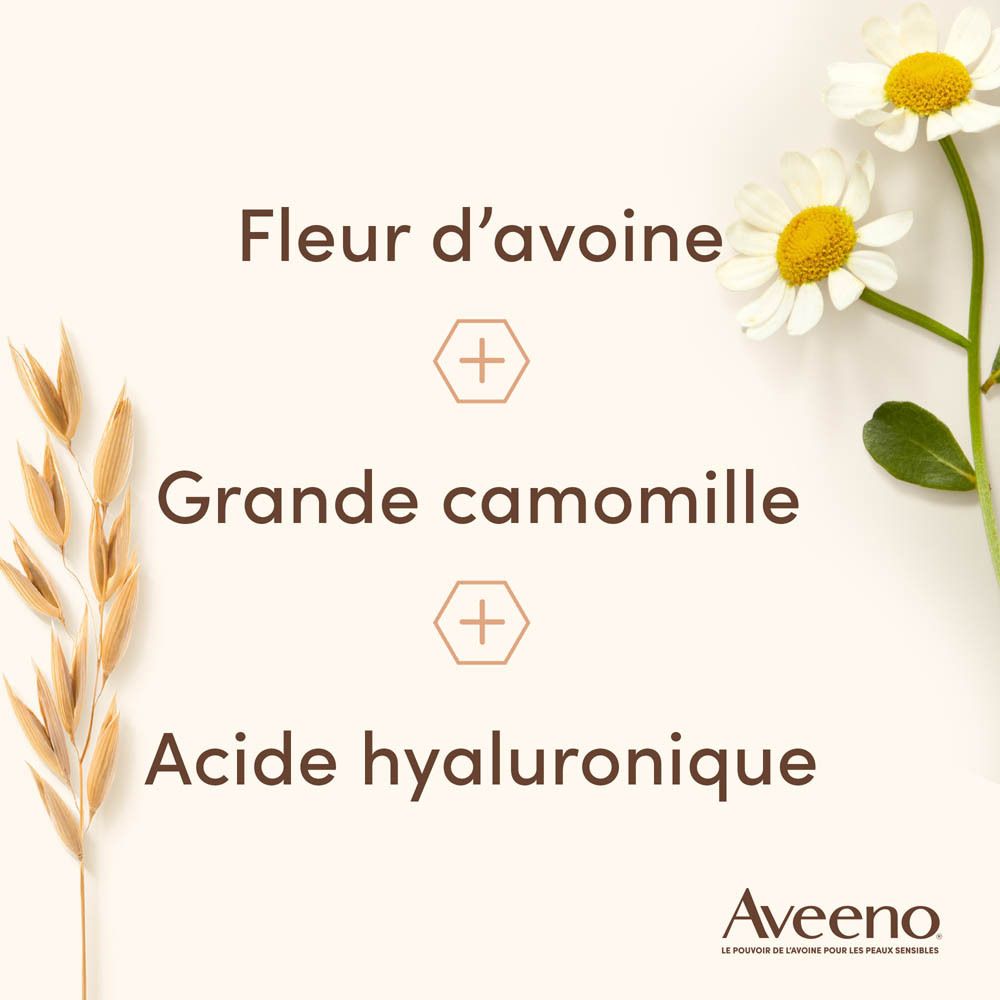 Graphique avec fleur d'avoine, camomille et acide hyaluronique. Logo Aveeno.