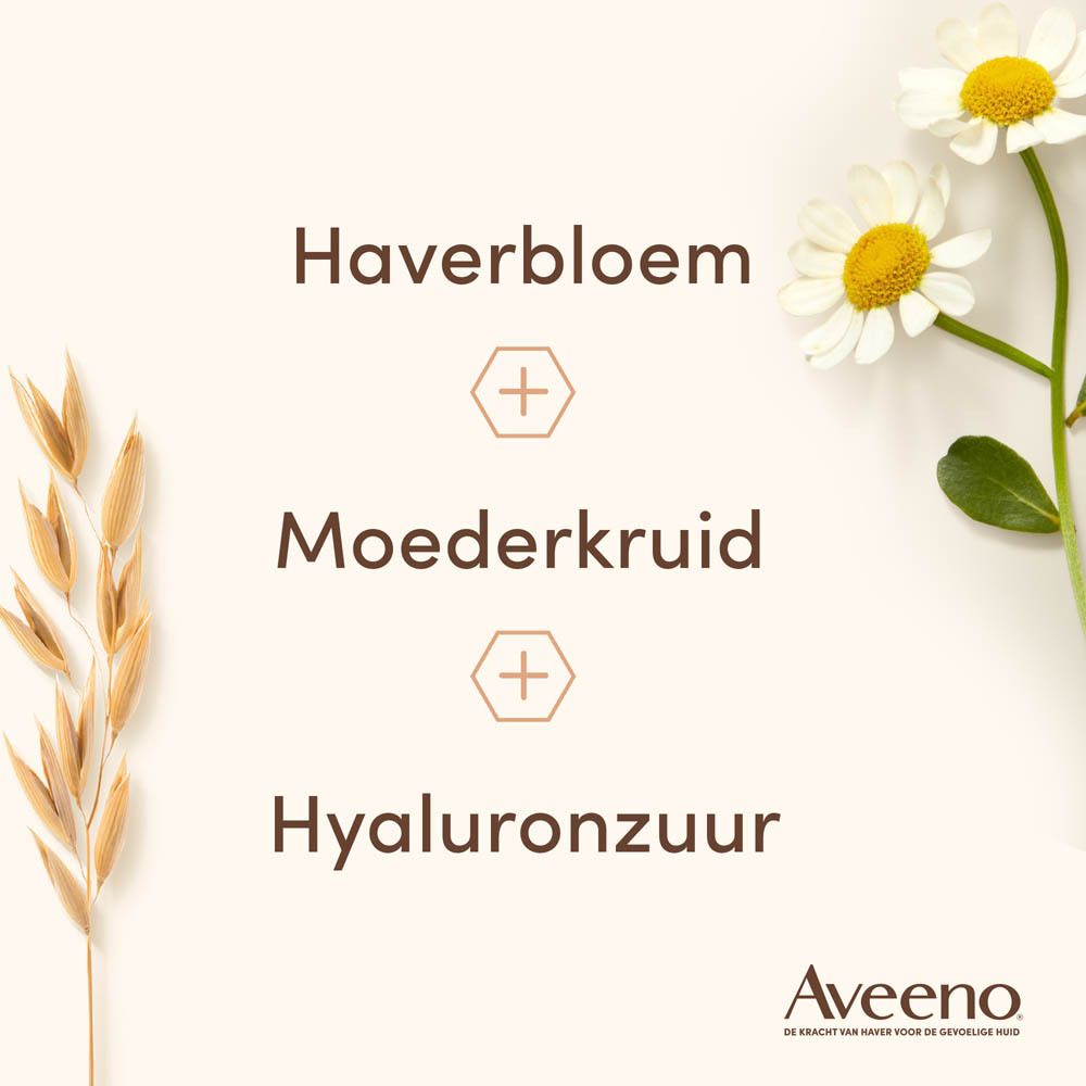Grafiek met haverbloem, kamille en hyaluronzuur. Aveeno logo.