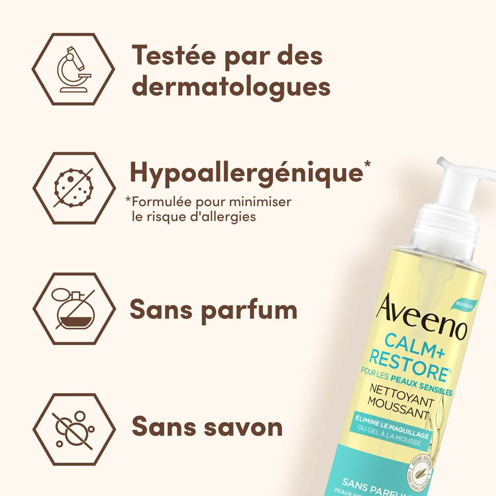 Graphique avec tests dermatologiques, hypoallergénique, sans parfum, sans savon. Aveeno Calm+Restore.