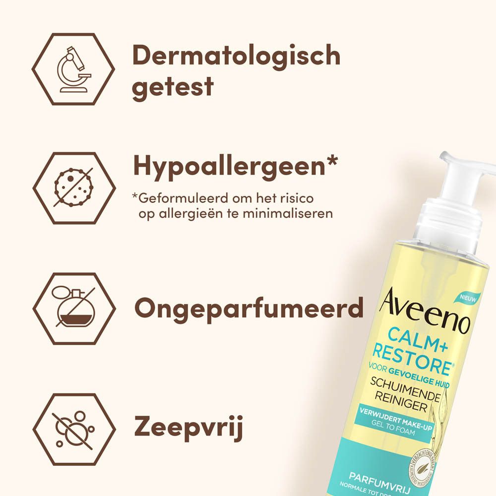 Grafiek met dermatologisch getest, hypoallergeen, parfumvrij, zeepvrij. Aveeno Calm+Restore.
