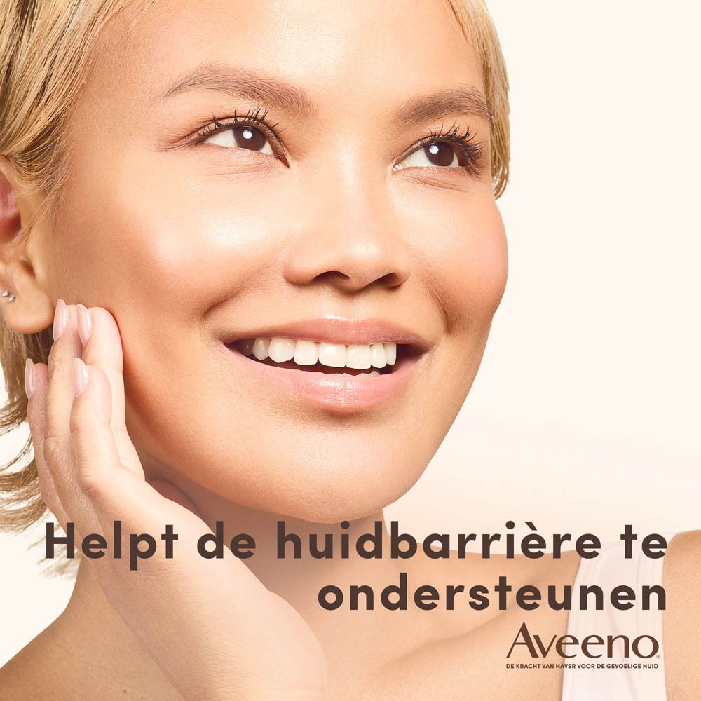 Vrouw raakt haar gezicht aan. Aveeno Calm+Restore logo.