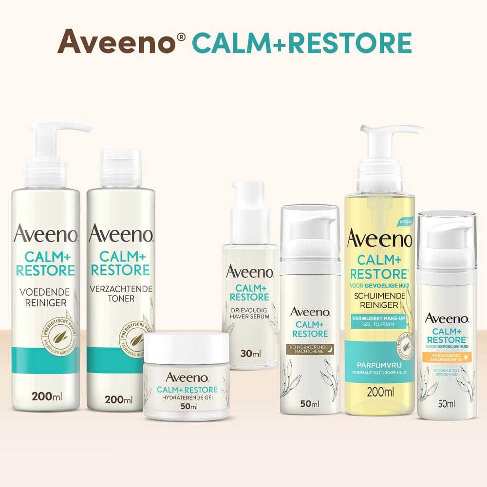Aveeno Calm+Restore productlijn. Verschillende producten. Logo.