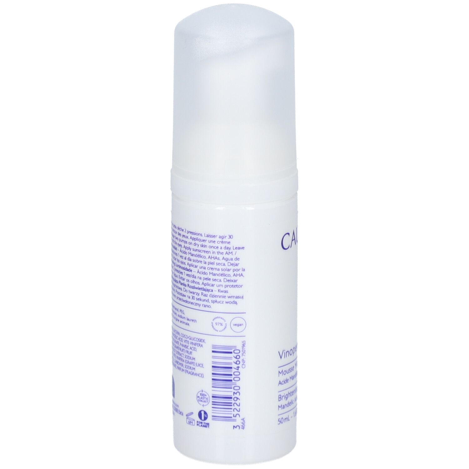 Witte fles met sproeikop. Achterkant met tekst en barcode. Opschrift: Caudalie, Vinoperfect.