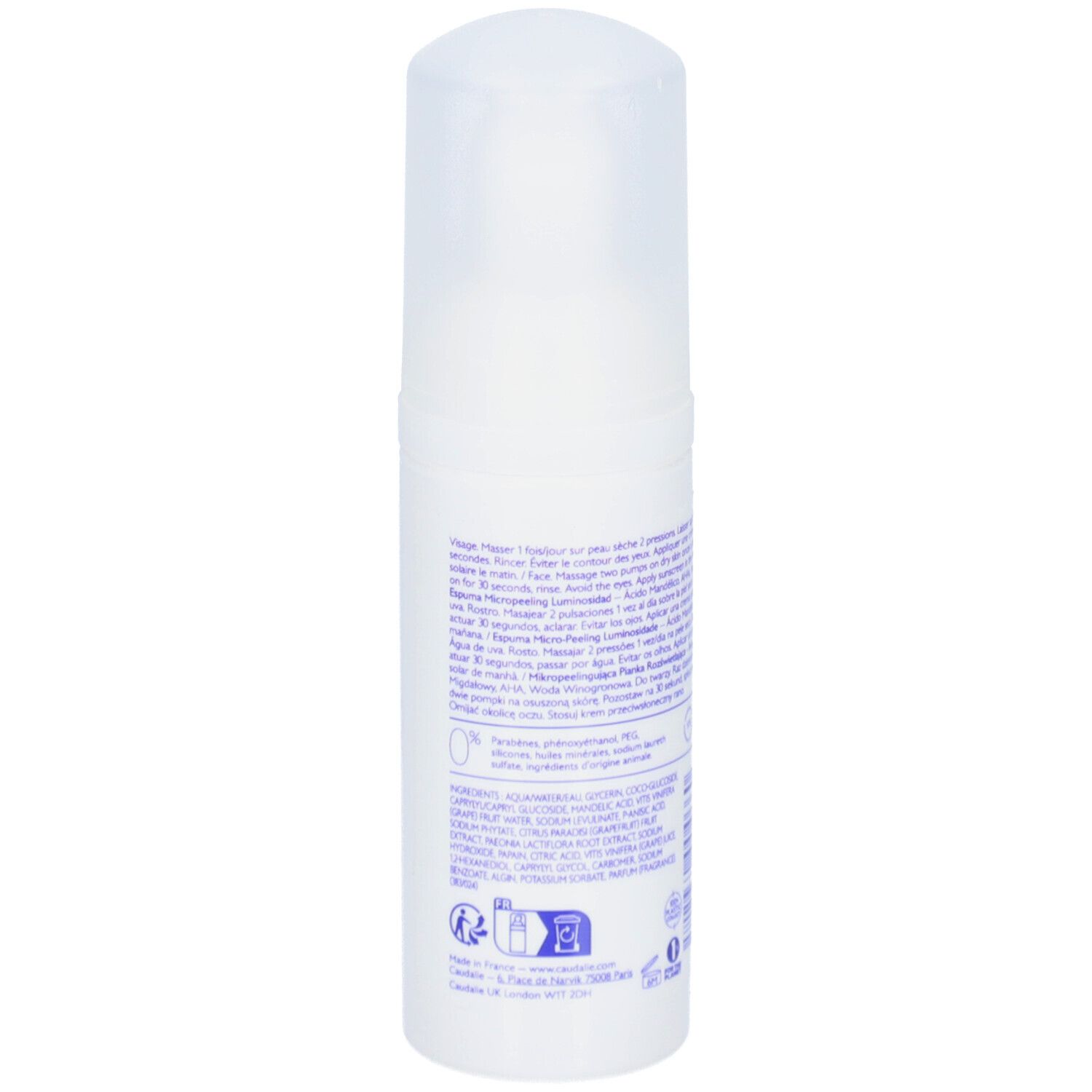 Witte fles met sproeikop. Achterkant met tekst. Opschrift: Caudalie, Vinoperfect.