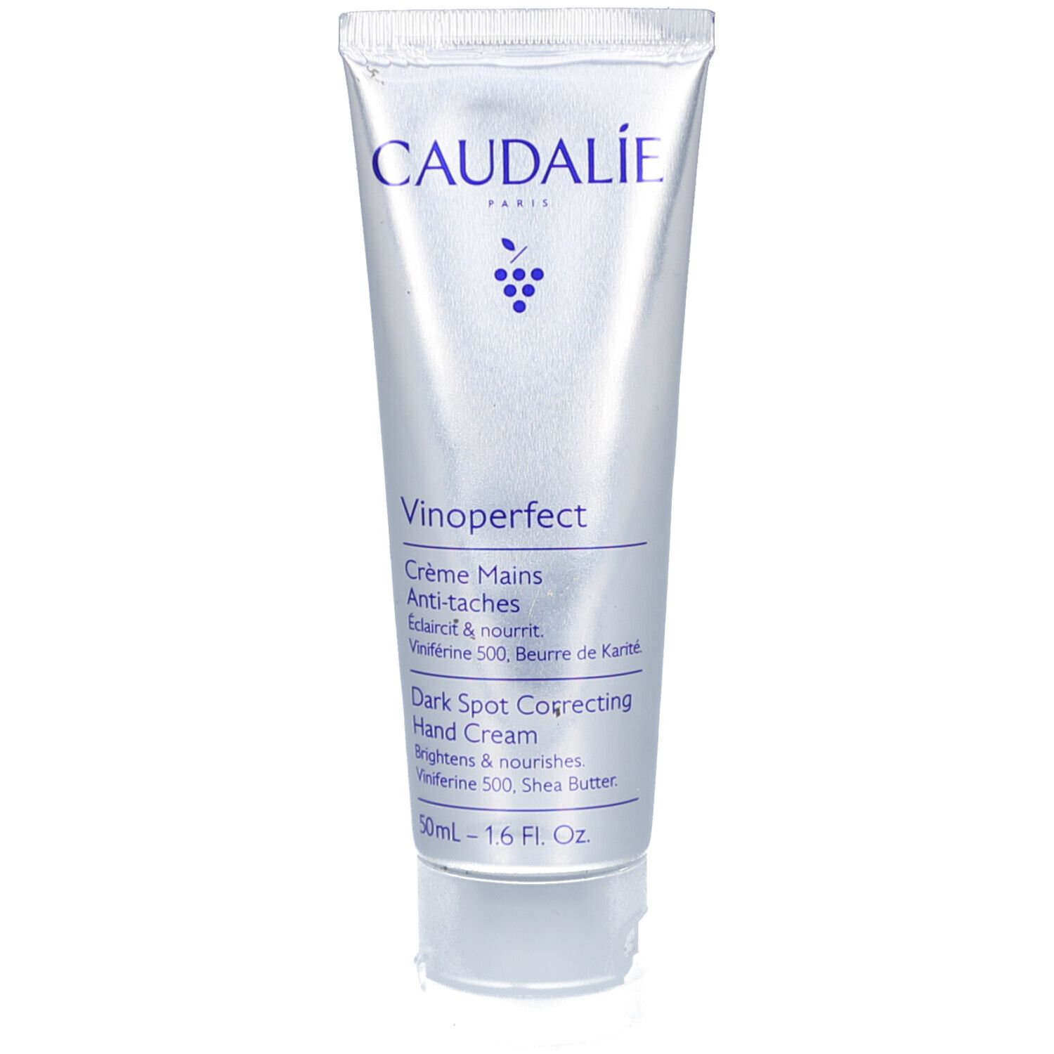 Caudalie Vinoperfect handcrème tube. Blauwe tekst. Witte achtergrond. Productnaam en logo zichtbaar.