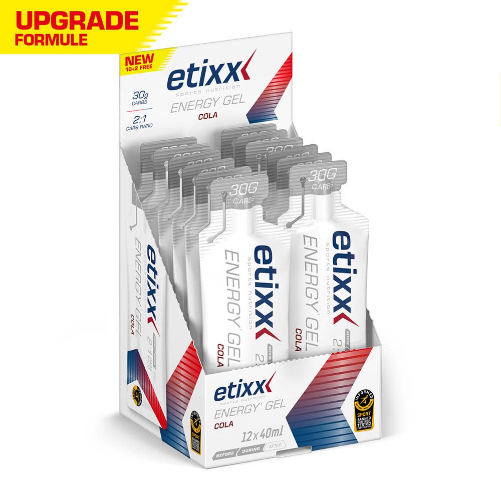 Twee energie gel zakjes. Nieuwe look, zelfde smaak, upgrade formule.