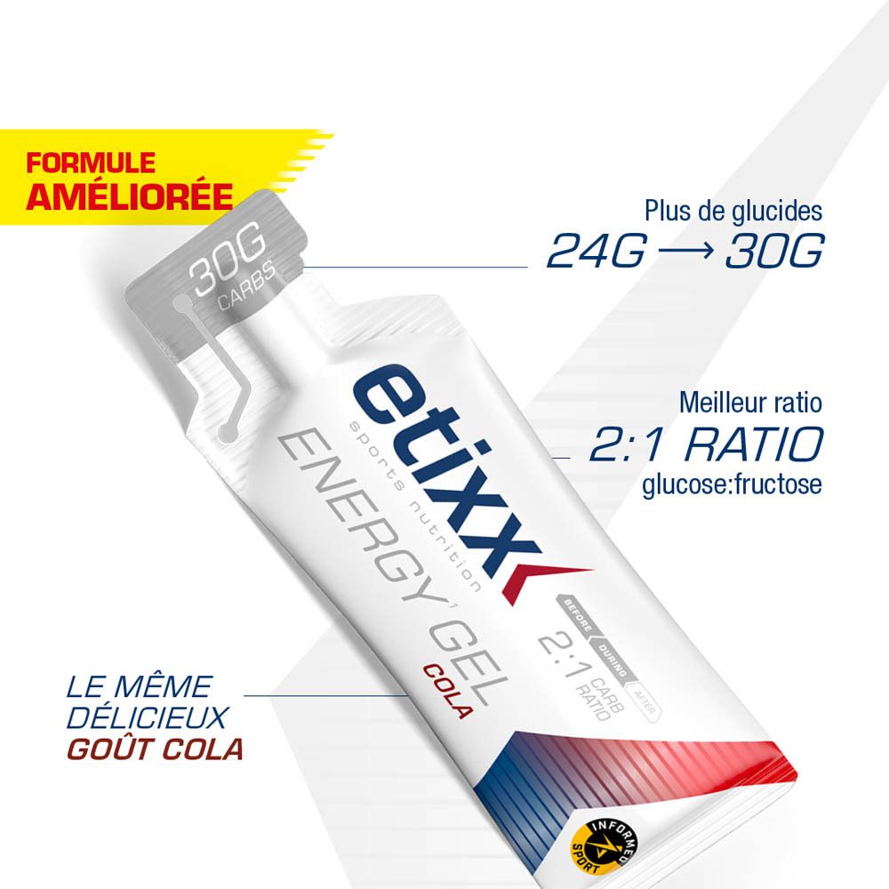Sachet de gel énergétique. Contient 30g de glucides. Sans gluten, lactose, soja et végétalien.