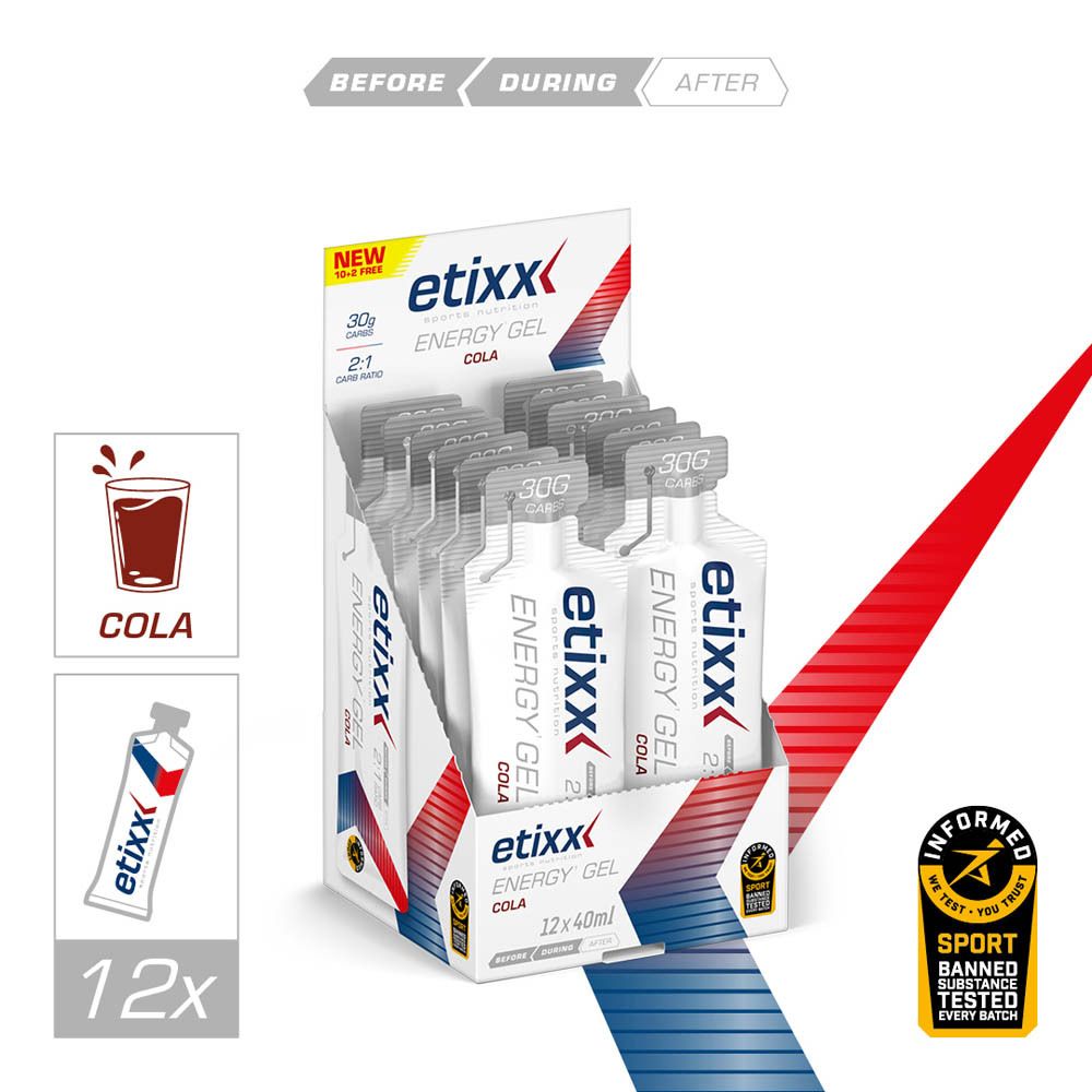 Etixx Energy Gel Cola. Doos met 12 x 40ml. Opschrift 'New' en '10+2 Free'.