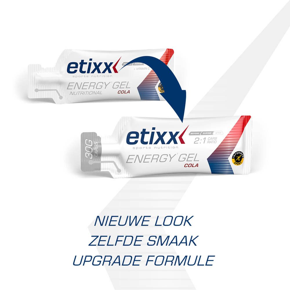 Twee energie gel zakjes. Nieuwe look, zelfde smaak, upgrade formule.