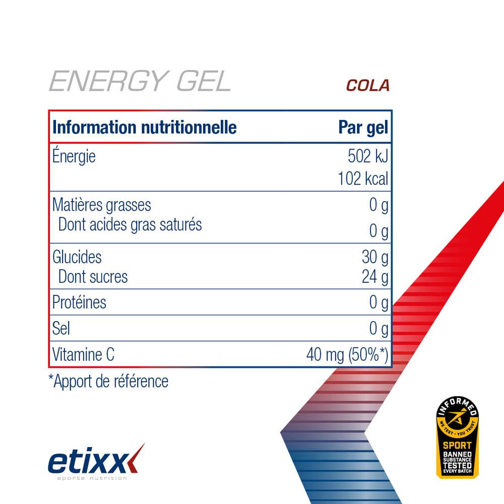 Etixx Energy Gel Cola. Boîte de 12 x 40ml. Inscription 'New' et '10+2 Free'.