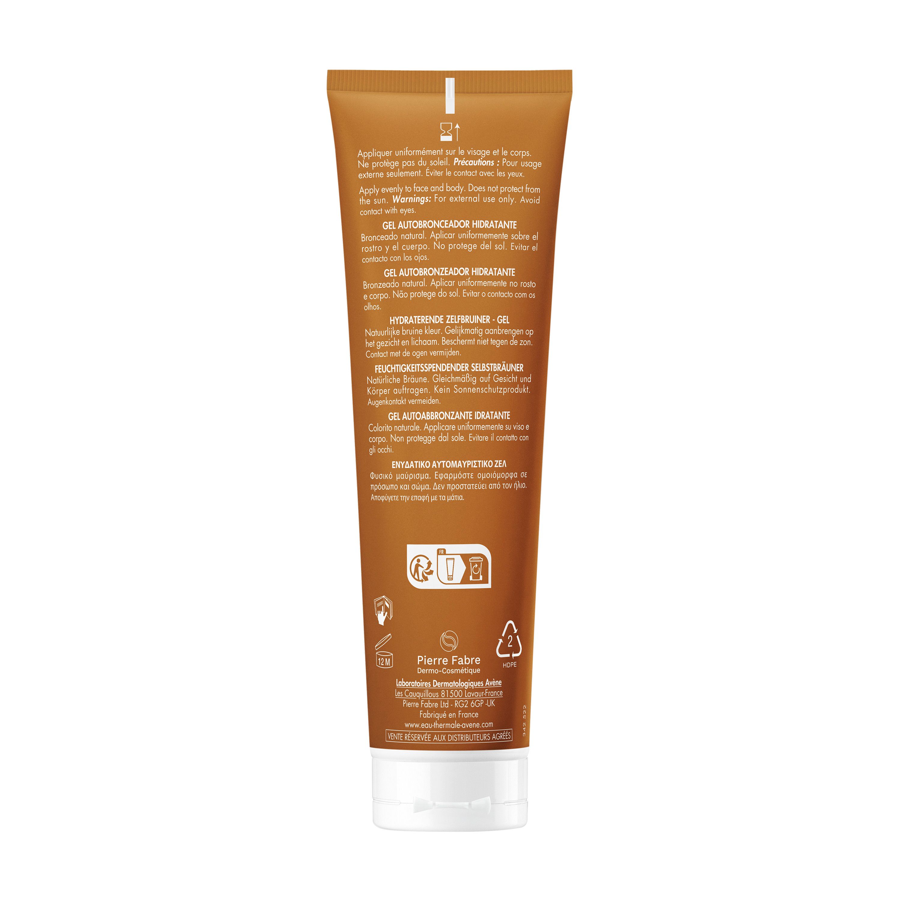 Achterkant bruine tube. Tekst in meerdere talen. Fabrikant: Pierre Fabre. Recyclingsymbolen.
