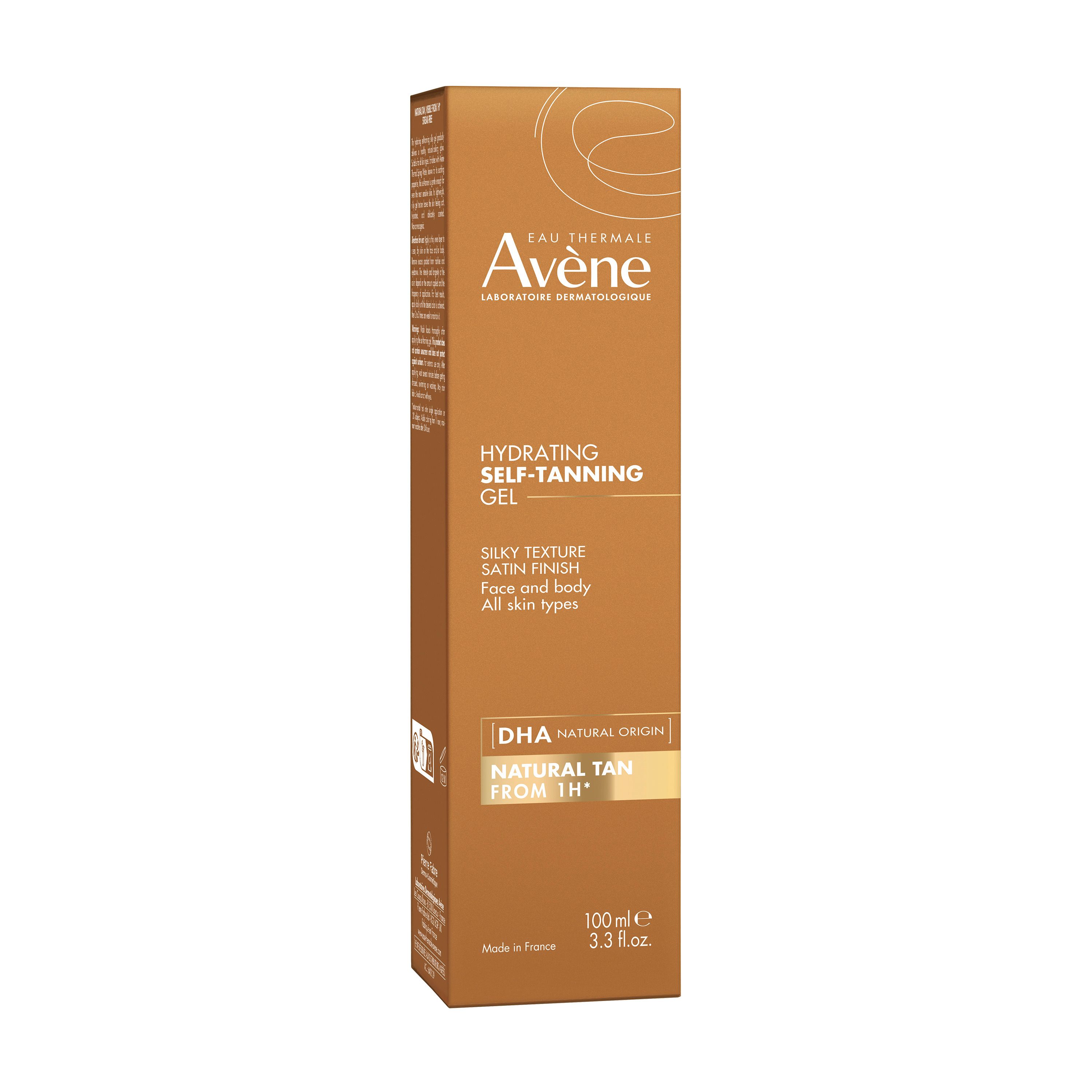 Productverpakking: tube en doos. Opschrift: Avène, Hydrating Self-Tanning Gel, Face and body, All skin types.