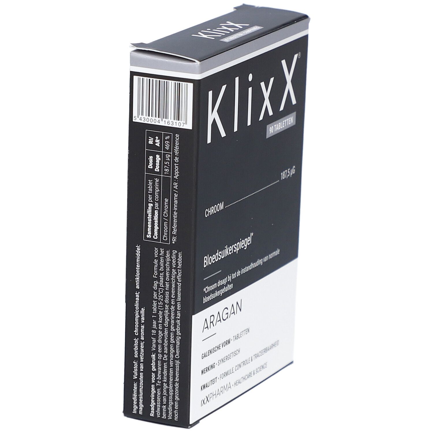 Boîte noire rectangulaire avec texte blanc. Contient 90 comprimés. Inscriptions : Klixx, Chrome, Glycémie normale, Aragan.