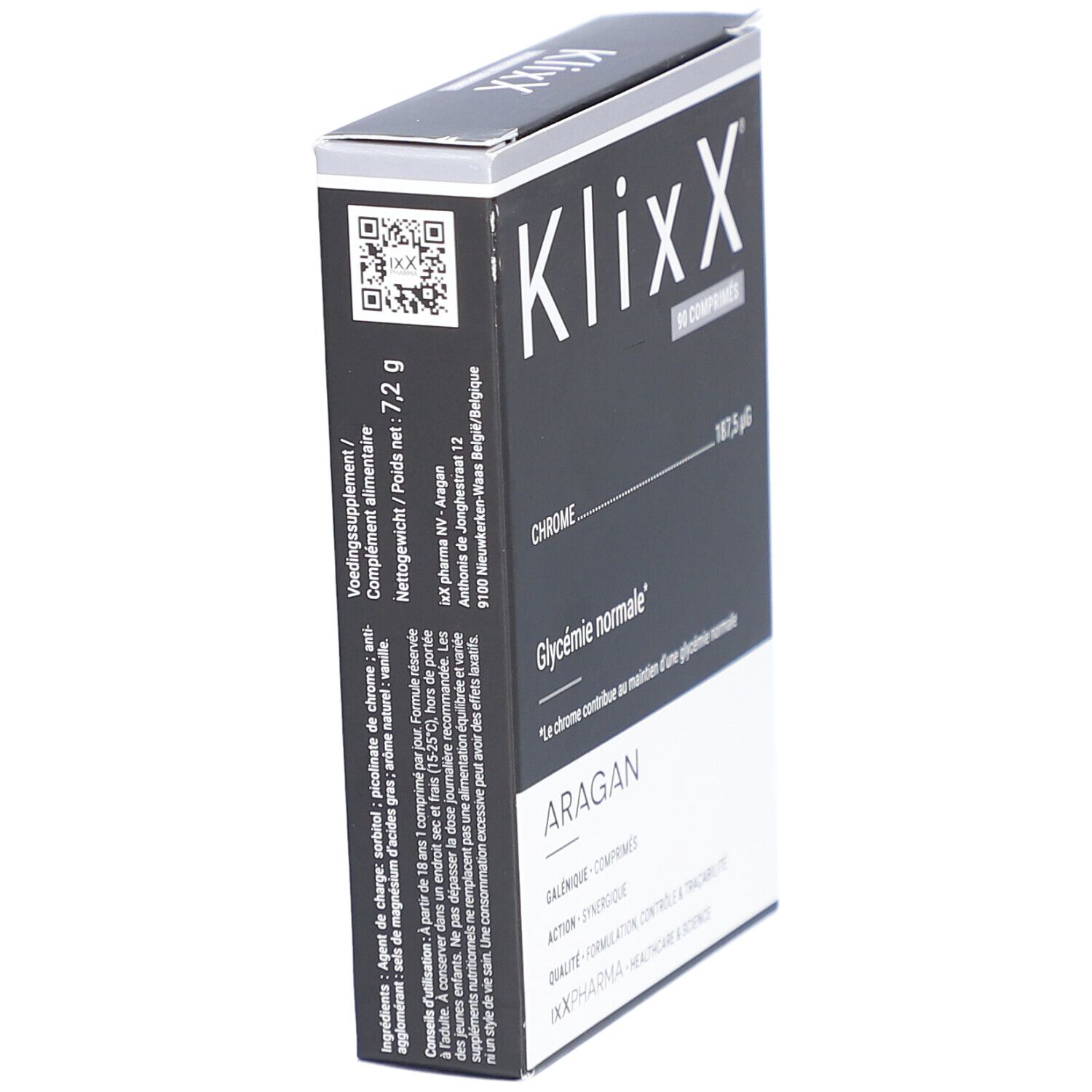 Boîte noire rectangulaire avec texte blanc. Contient 90 comprimés. Inscriptions : Klixx, Chrome, Glycémie normale, Aragan.