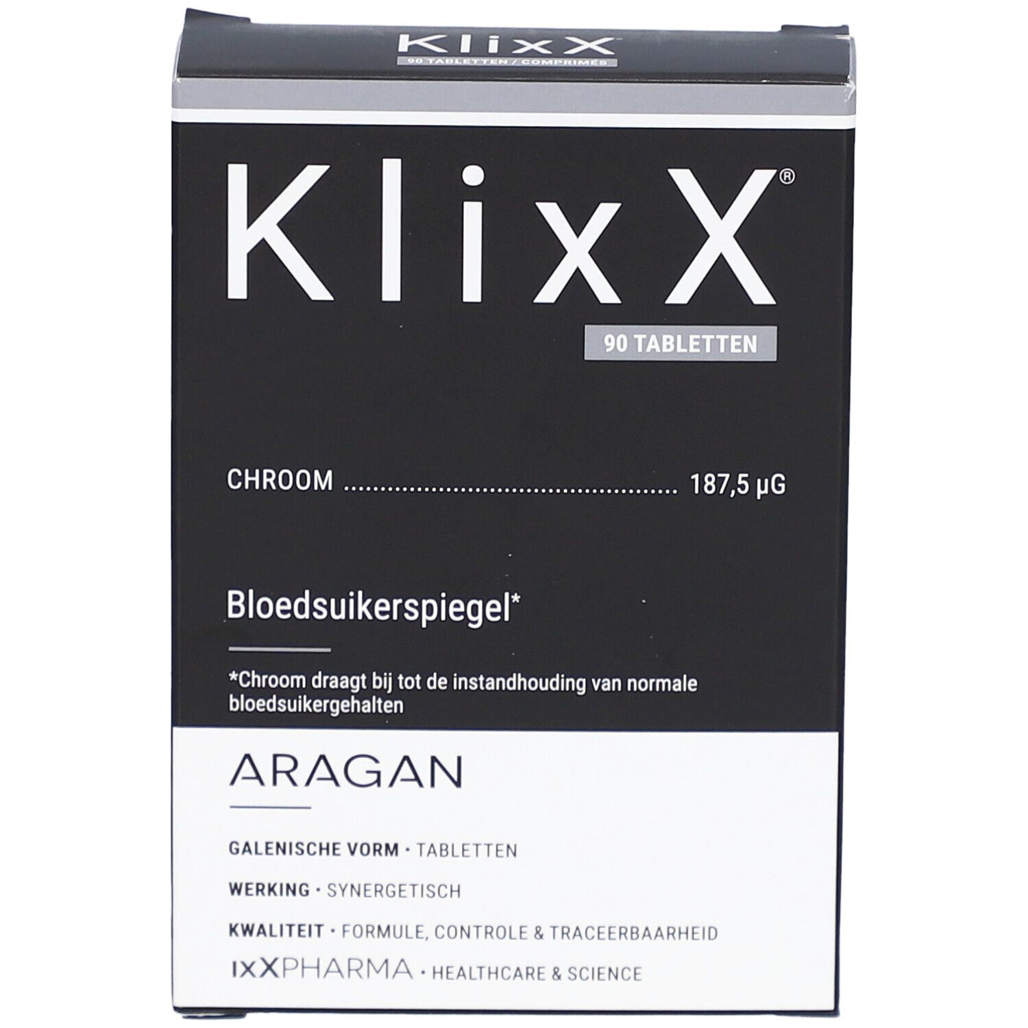 Boîte noire rectangulaire avec texte blanc. Contient 90 comprimés. Inscriptions : Klixx, Chrome, Glycémie normale, Aragan.