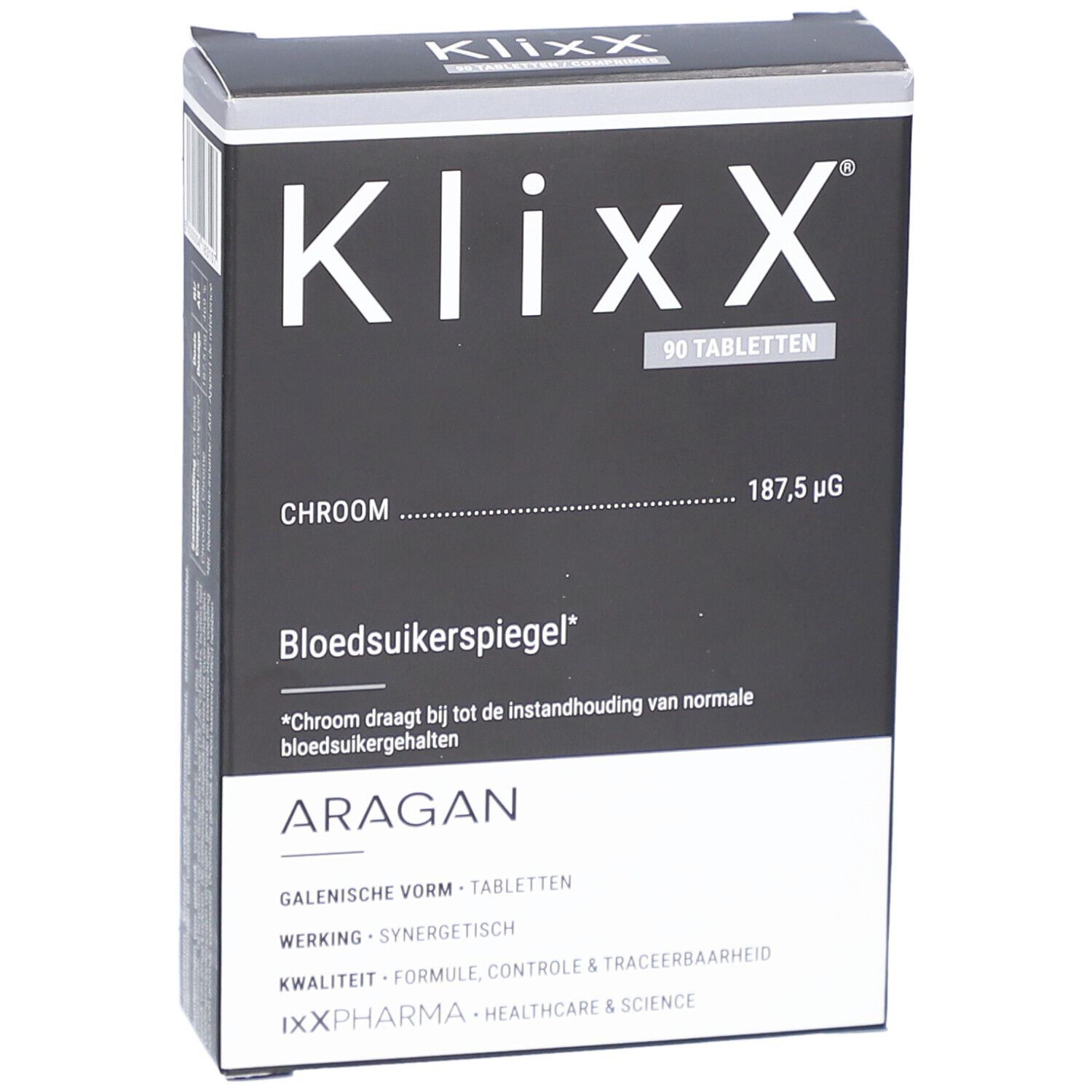Boîte noire rectangulaire avec texte blanc. Contient 90 comprimés. Inscriptions : Klixx, Chrome, Glycémie normale, Aragan.