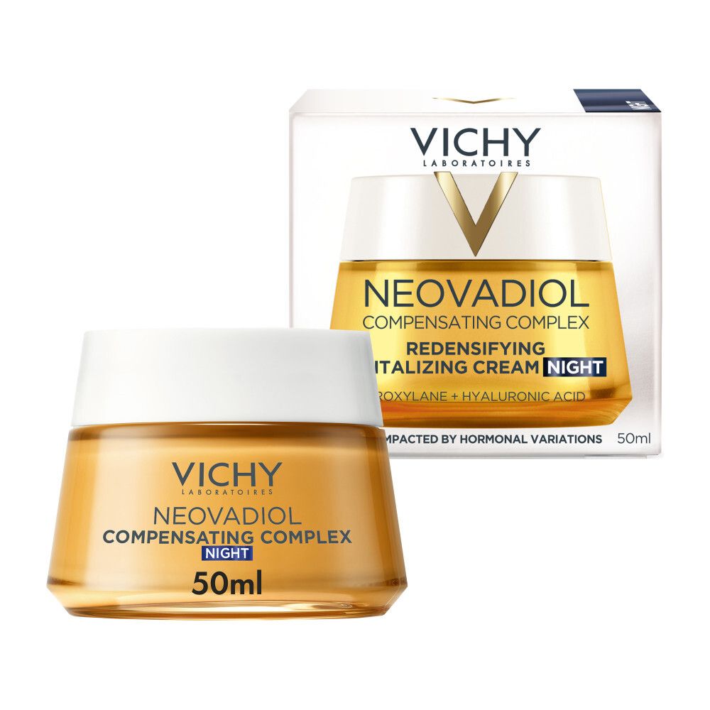 Crèmepot en verpakking. Opschrift: VICHY, NEOVADIOL, CREME REDENSIFIANTE REVITALISANTE NUIT, 50 ml.