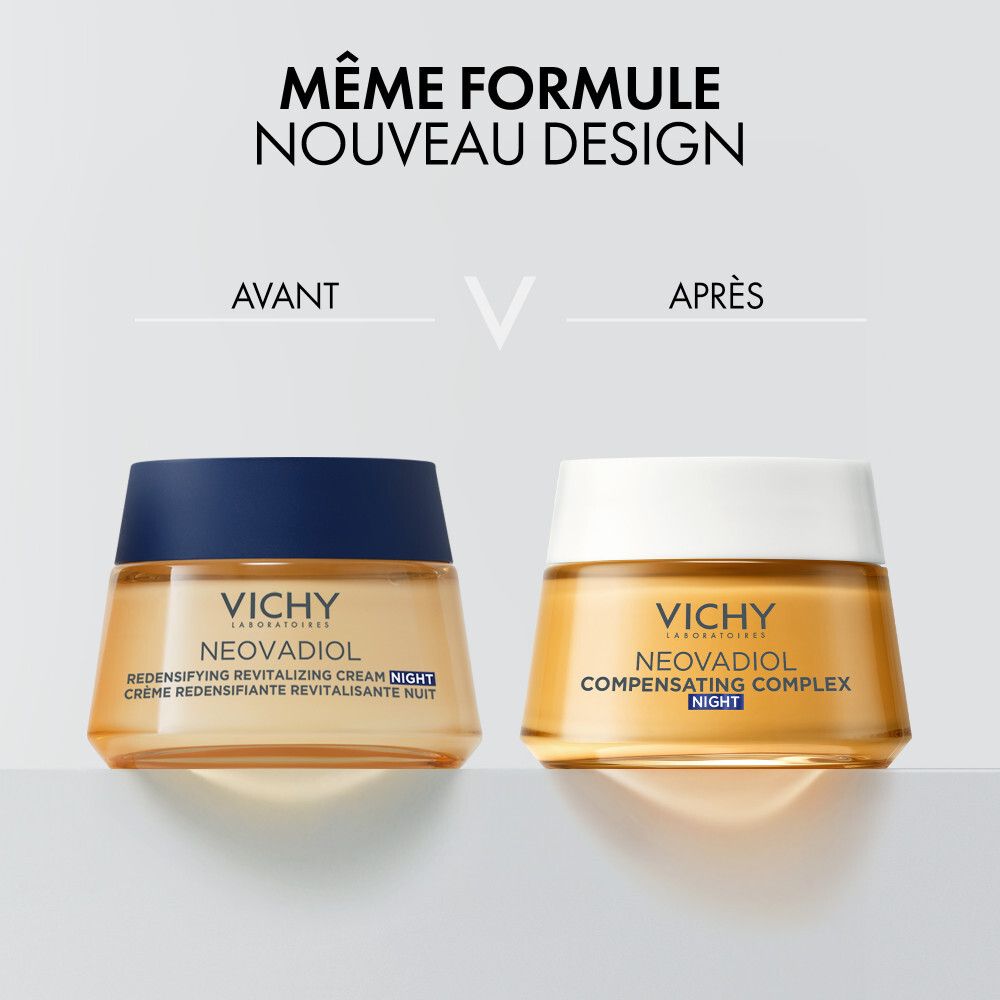 Pot de crème avec couvercle blanc. Inscription : VICHY, NEOVADIOL, COMPENSATING COMPLEX, NIGHT.